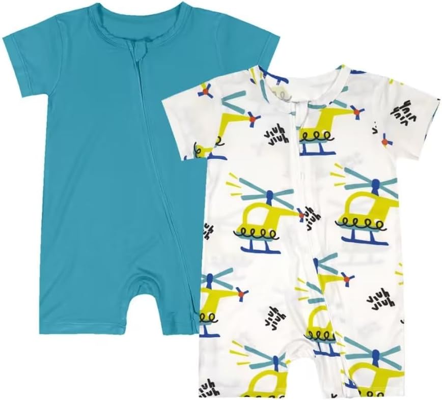 Teach Leanbh Baby Boys Girls 2 Pack Bamboo Viscose Pajamas 2 Way Zipper Short Sleeve Romper Jumpsuit Sleep and Play