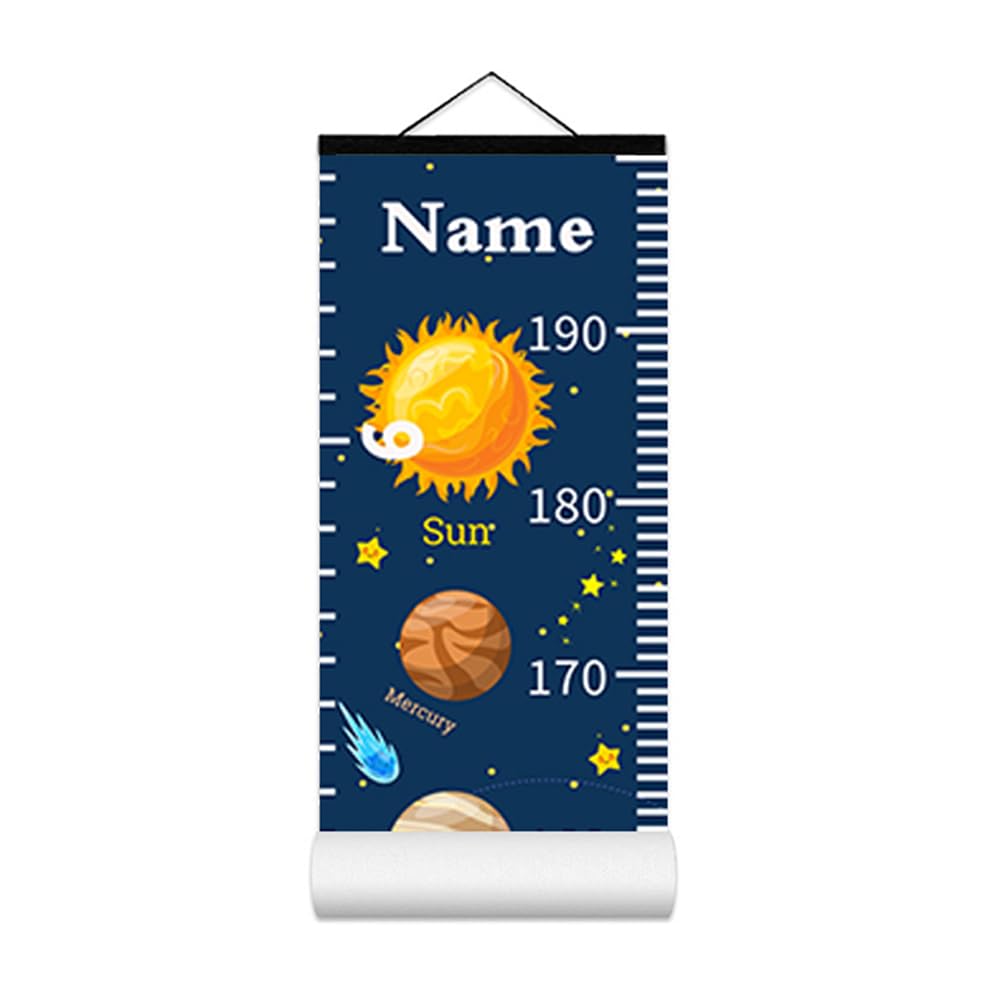 Personalized Growth Chart for Kids, Baby Height Chart with Custom Name, 77"x7.9" Canvas and Black Wood Height Measuring Rulers for Boys Girls Removable Wall Ruler Hanging for Nursery Decor - Planets