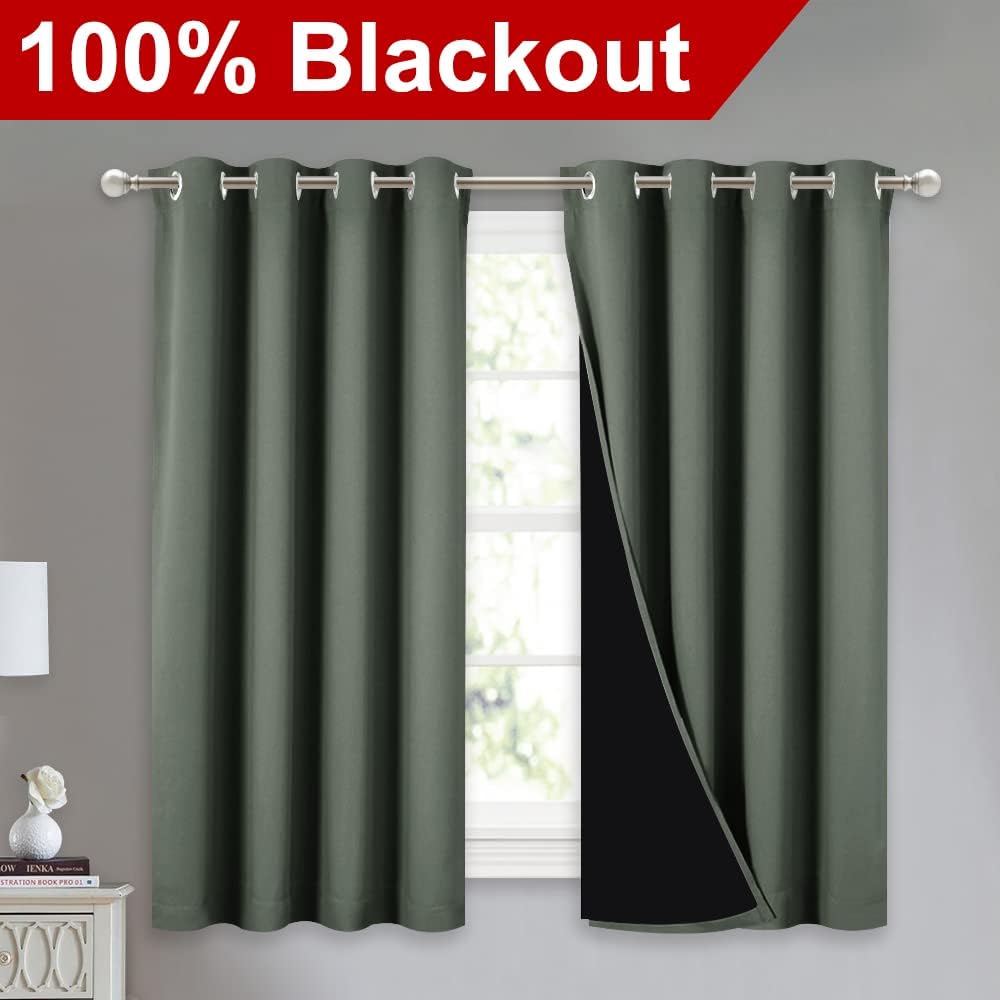 NICETOWN 100% Blackout Curtains 54 inches Long, Double-Deck Completely Blackout Window Treatment Thermal Insulated Lined Drapes for Small Window (Dark Mallard, 1 Pair, 52 inches Width Each Panel)