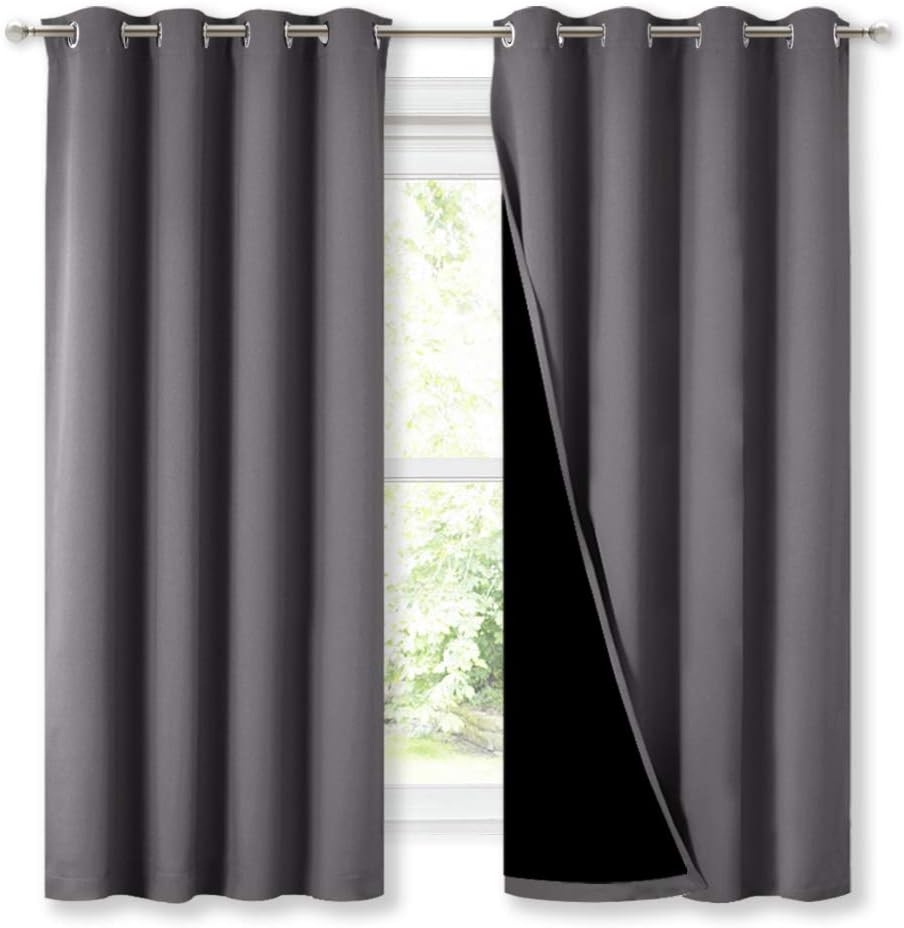 NICETOWN 100% Blackout Curtains with Black Liners, Thermal Insulated Full Blackout 2-Layer Lined Drapes, Energy Efficiency Window Draperies for Bedroom (Grey, 2 Panels, 52-inch W by 63-inch L)