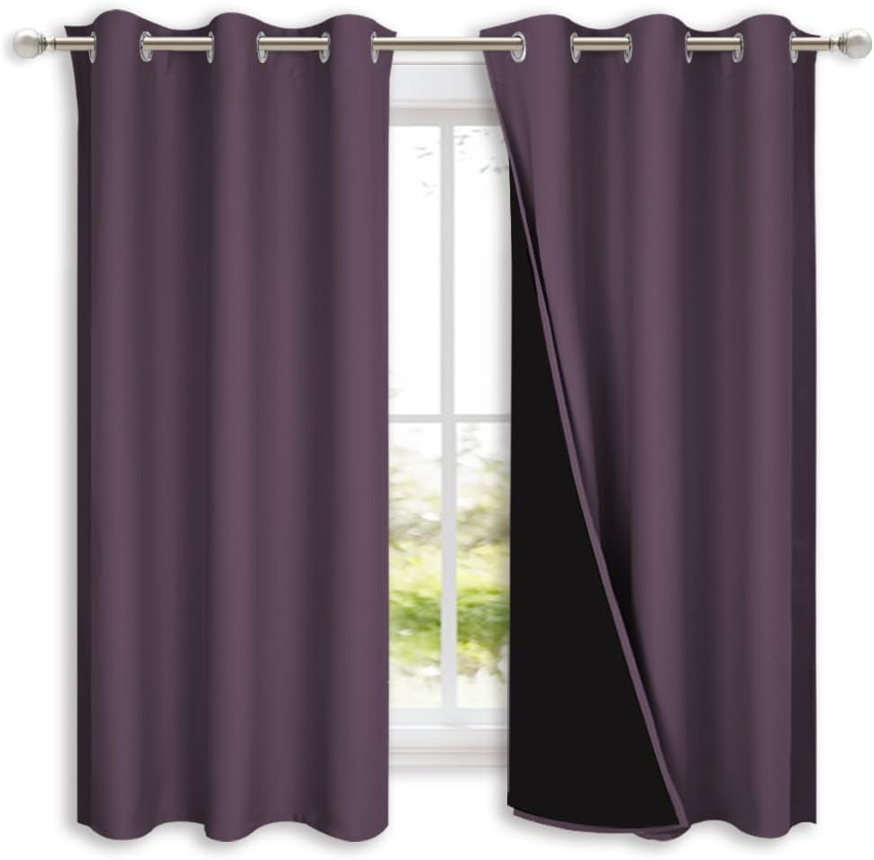 NICETOWN 100% Blackout Lined Curtains, Plum, 1 Pair, 42" Width x 63" Length Each Panel, 2 Thick Layers Completely Blackout Window Treatment Panels Thermal Insulated Drapes for Kitchen