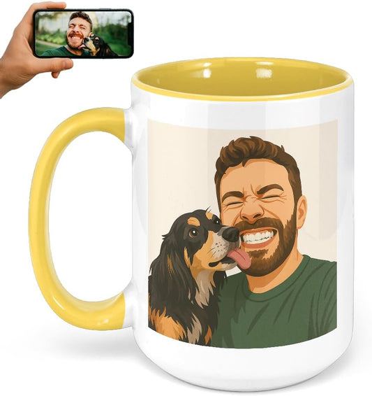 Personalized Coffee Mug, Custom Drawing Portrait Gift, Funny Customized Coffee Gift for Men & Women, Custom Mugs with Pictures, Yellow 15oz Customized Ceramic Tea Cup