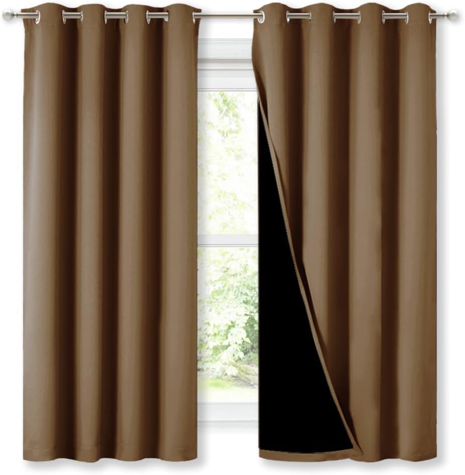 NICETOWN 100% Blackout Curtains 45 inches Long, Gold Brown, 1 Pair, 52 inches Width Each Panel, 2 Thick Layers Completely Blackout Window Treatment Thermal Insulated Lined Drapes for Small Window
