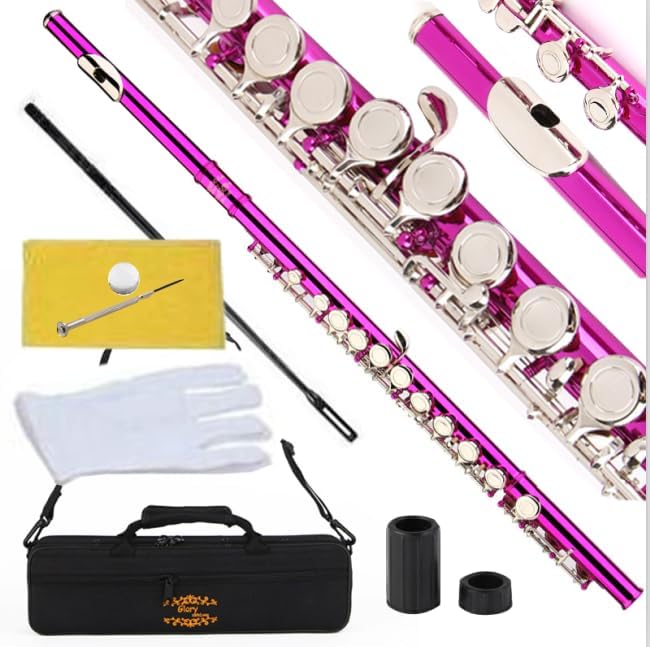 Glory Closed Hole C Flute With Case, Tuning Rod and Cloth and Gloves pink