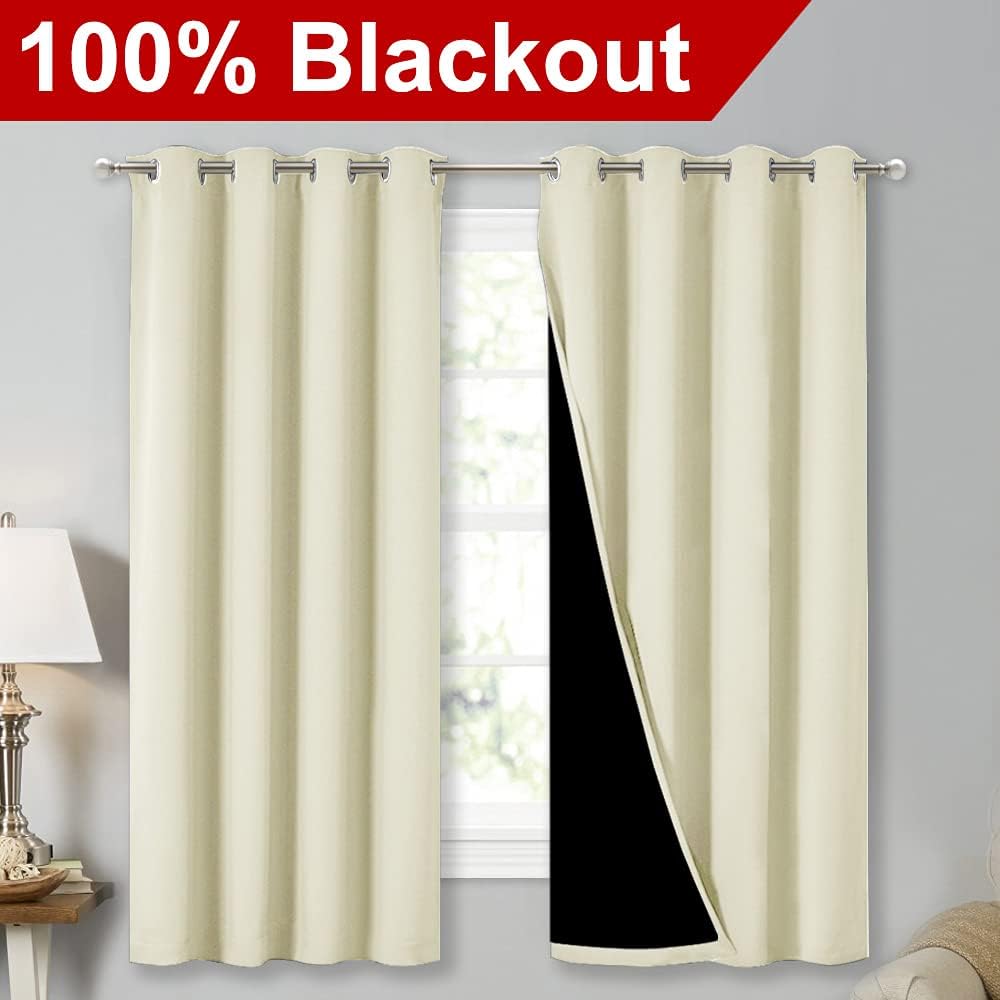 NICETOWN 100% Blackout Blinds, Set of 2, 46" x 45", Beige, Laundry Room Decor Window Treatment Curtains for Large Patio Sliding Door, Thermal Insulated Curtains for Bedroom