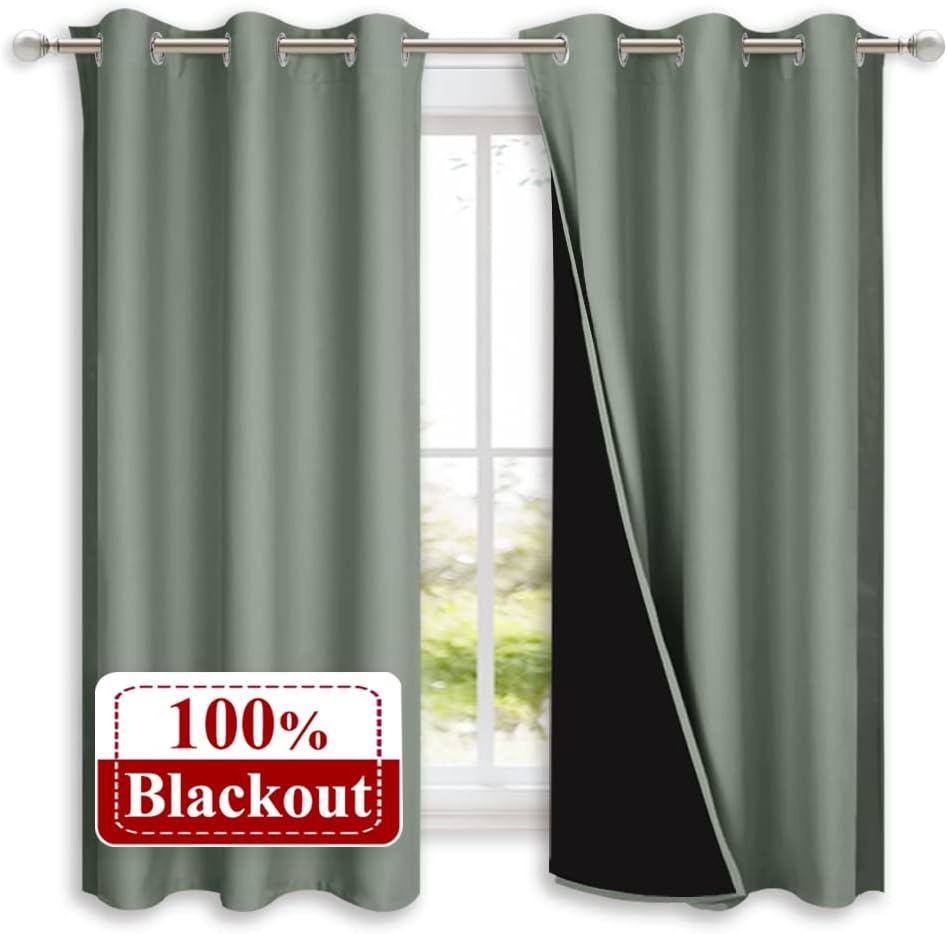 NICETOWN Greyish Green 100% Blackout Lined Curtains, 2 Thick Layers Completely Blackout Window Treatment Panels Thermal Insulated Drapes for Kitchen (1 Pair, 42" Width x 63" Length Each Panel)