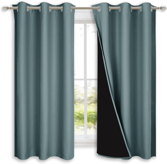 NICETOWN 100% Blackout Short Curtains with Black Liners, 2 Panels, 37" W by 40" L, Greyish Blue, Solid Thermal Insulated Full Blackout 2-Layer Lined Drapes, Energy Efficiency Window Drapes for Bedroom