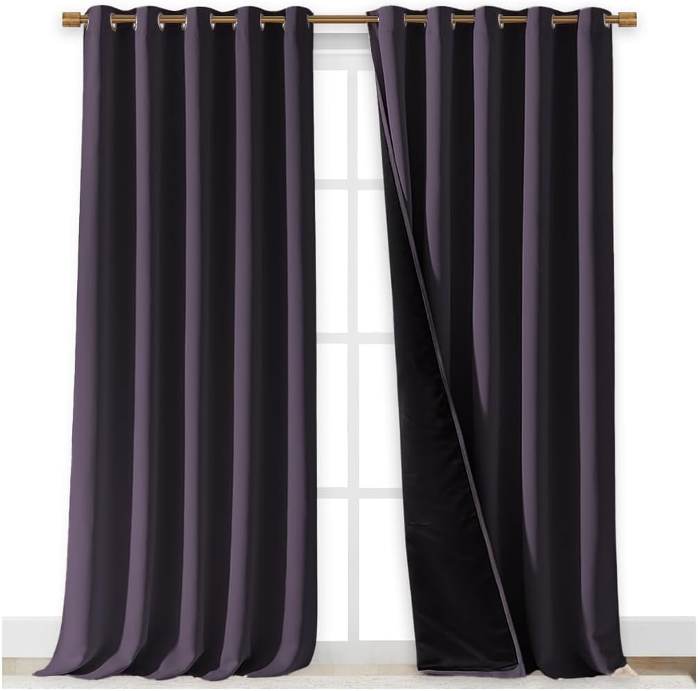 NICETOWN 100% Blackout Curtains for Windows, Pack of 2, 70" W x 108" L, Greyish Purple, Super Heavy-Duty Black Lined Total Darkness Drapes for Bedroom, Privacy Assured Window Treatment for Patio