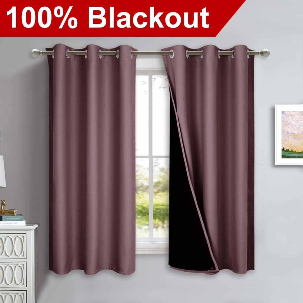 NICETOWN Dry Rose 100% Blackout Lined Curtains, 2 Thick Layers Completely Blackout Window Treatment Panels Thermal Insulated Drapes for Kitchen (1 Pair, 42" Width x 63" Length Each Panel)