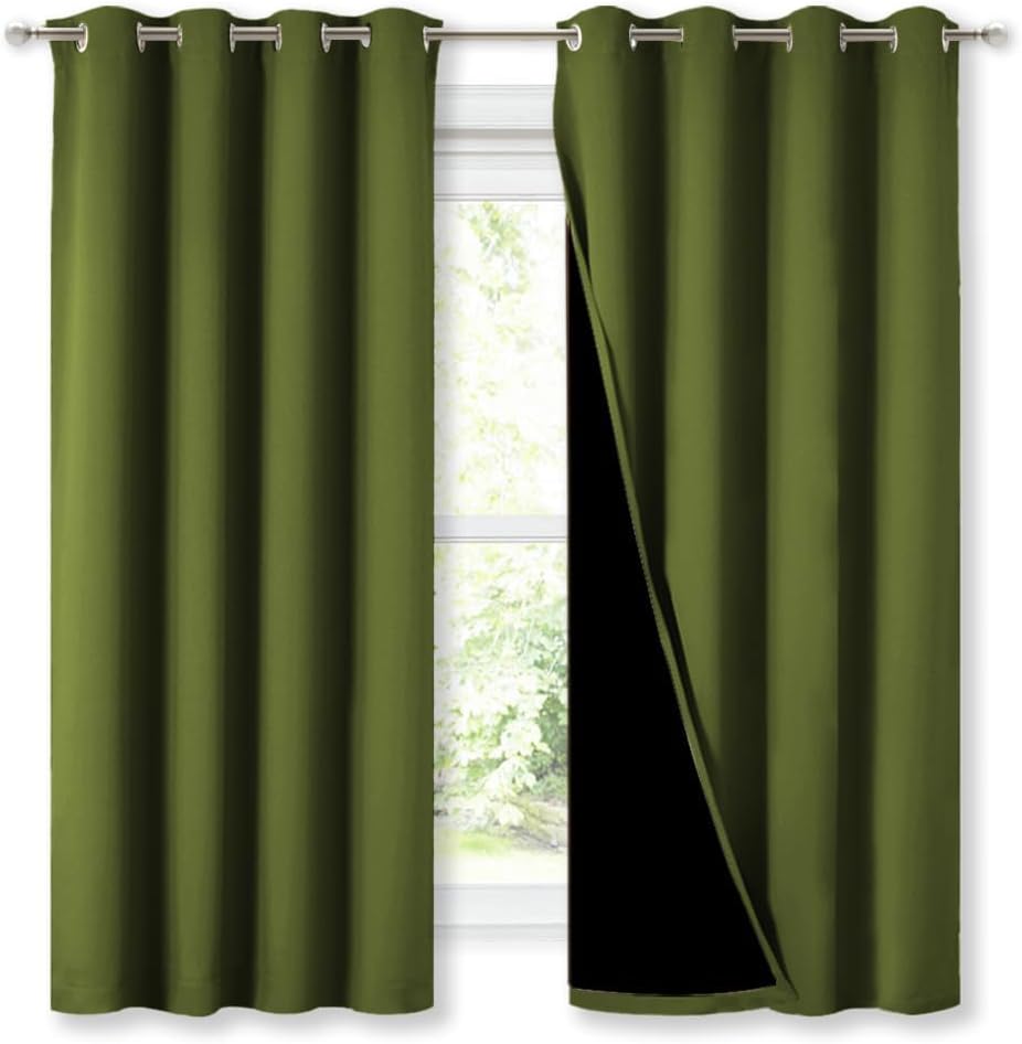 NICETOWN 100% Blackout Blinds, Set of 2, 46" x 45", Olive Green, Laundry Room Decor Window Treatment Curtains for Large Patio Sliding Door, Thermal Insulated Curtains for Bedroom