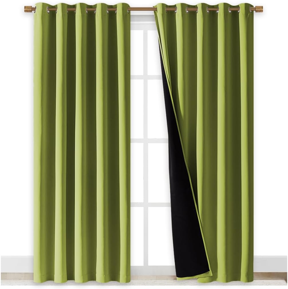 NICETOWN 100% Blackout Window Curtain Panels, Fresh Green, 2 Pieces, 70" Wide Each Panel, Cold and Full Light Blocking Drapes with Black Liner for Nursery, 84" Drop Thermal Insulated Draperies