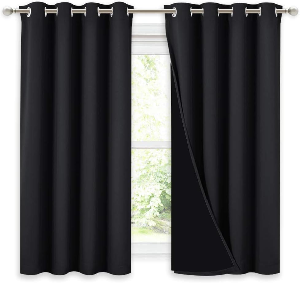 NICETOWN Truly Blackout Curtains 54 inches Length, 2 Thick Layers Completely Blackout Window Treatment Thermal Insulated Lined Drapes for Basement Window (Black, 1 Pair, 52 inches Width Each Panel)