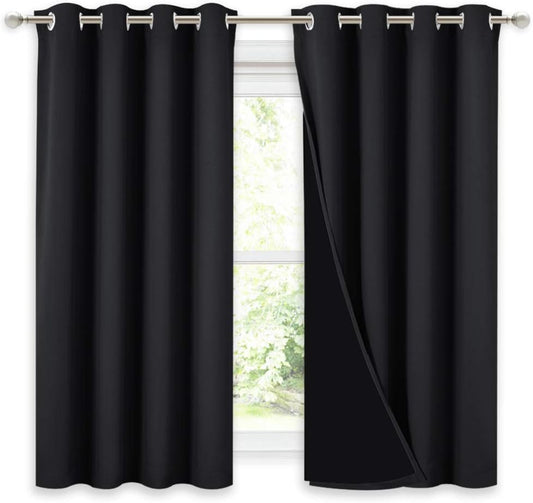 NICETOWN Truly Blackout Curtains 54 inches Length, 2 Thick Layers Completely Blackout Window Treatment Thermal Insulated Lined Drapes for Basement Window (Black, 1 Pair, 52 inches Width Each Panel)