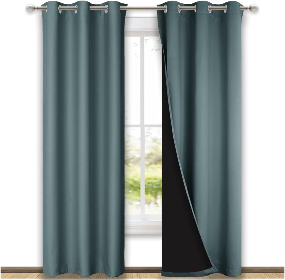 NICETOWN Full Shade Curtain Panels, 37" Wide x 80" Long, Greyish Blue, Pair of Thermal Insulated & Energy Efficiency Blackout Drapes for Living Room, Lined Silky Performance Window Dressing