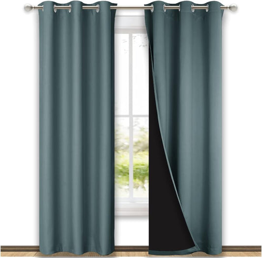 NICETOWN Greyish Blue Blackout Curtains 84 inches Long, Full Light Blocking Drapes with Black Liner for Nursery, Thermal Insulated Draperies for Hall, Villa (2 Pieces, 42" Wide Each Panel)