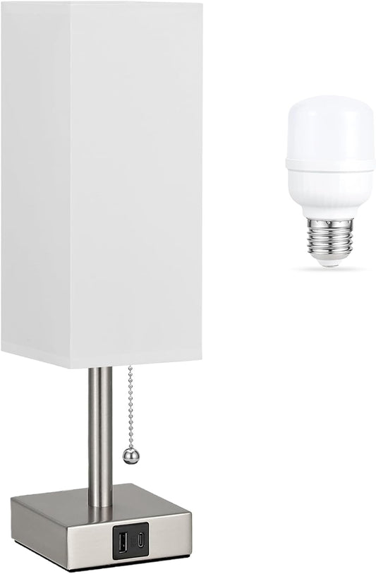 White Small Lamp for Bedroom - 3 Color Temperature 3000K 5000K 4000K Bedside Lamp, Pull Chain Control, USB A and C Charging Ports, Silver Base, for Kids Office Dorm nightstand, Bulb Included