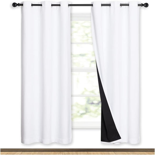 NICETOWN 100% Blackout Window Curtain Panels, Full Light Blocking Drapes with Black Liner for Nursery, 72-inch Drop Thermal Insulated Draperies (White, 2 Pieces, 42-inch Wide Per Panel)