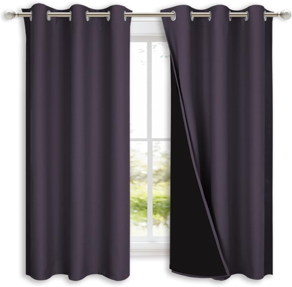 NICETOWN 100% Blackout Curtains 54 inches Long, Greyish Purple, 1 Pair, 42 inches Width Each Panel, 2 Thick Layers Completely Blackout Window Treatment Thermal Insulated Lined Drapes for Small Window