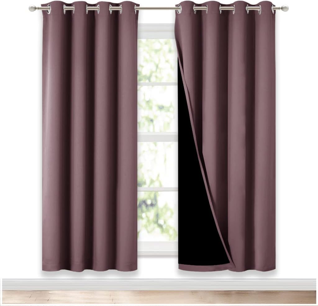 NICETOWN 100% Blackout Window Curtain Panels, Full Light Blocking Drapes with Black Liner for Nursery, 72-inch Drop Thermal Insulated Draperies (Dry Rose, 2 Pieces, 52-inch Wide Per Panel)