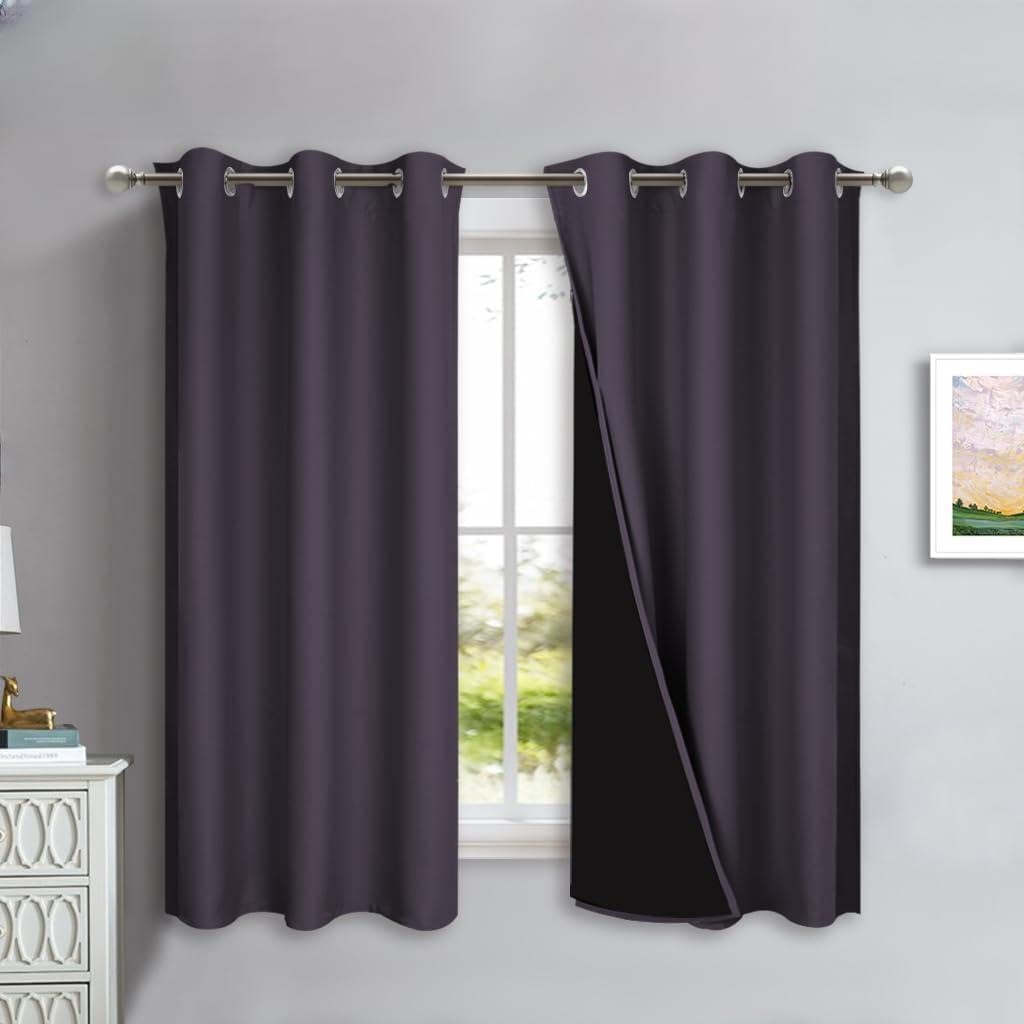 NICETOWN 100% Blackout Curtains 54 inches Long, Greyish Purple, 1 Pair, 42 inches Width Each Panel, 2 Thick Layers Completely Blackout Window Treatment Thermal Insulated Lined Drapes for Small Window