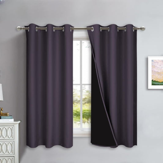 NICETOWN 100% Blackout Lined Curtains, Greyish Purple, 1 Pair, 42" Width x 63" Length Each Panel, 2 Thick Layers Completely Blackout Window Treatment Panels Thermal Insulated Drapes for Kitchen