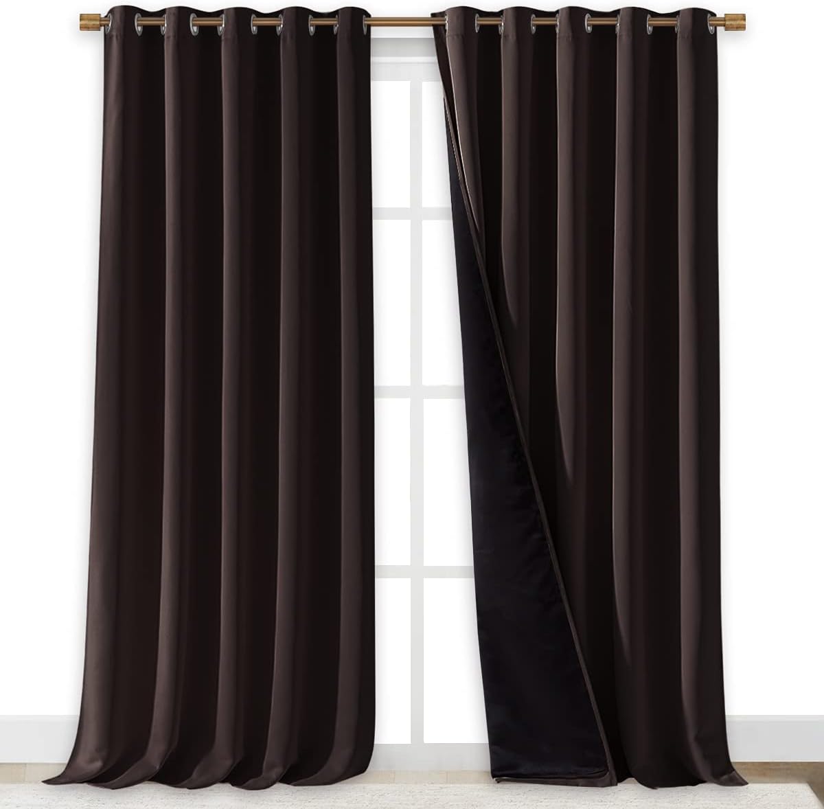 NICETOWN Cold Blocking 100% Blackout Curtains, Durable Black Lined Blackout Curtains for Bedroom, Energy Saving Long Curtains for Patio Sliding Glass Door, Brown, 70 inches x 95 inches, 2 PCs