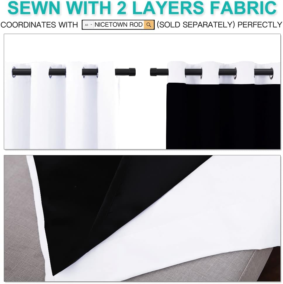 NICETOWN White 100% Blackout Lined Curtains, 2 Thick Layers Completely Blackout Window Treatment Thermal Insulated Drapes for Kitchen/Bedroom (1 Pair, 52 inches Width x 63 inches Length Each Panel)