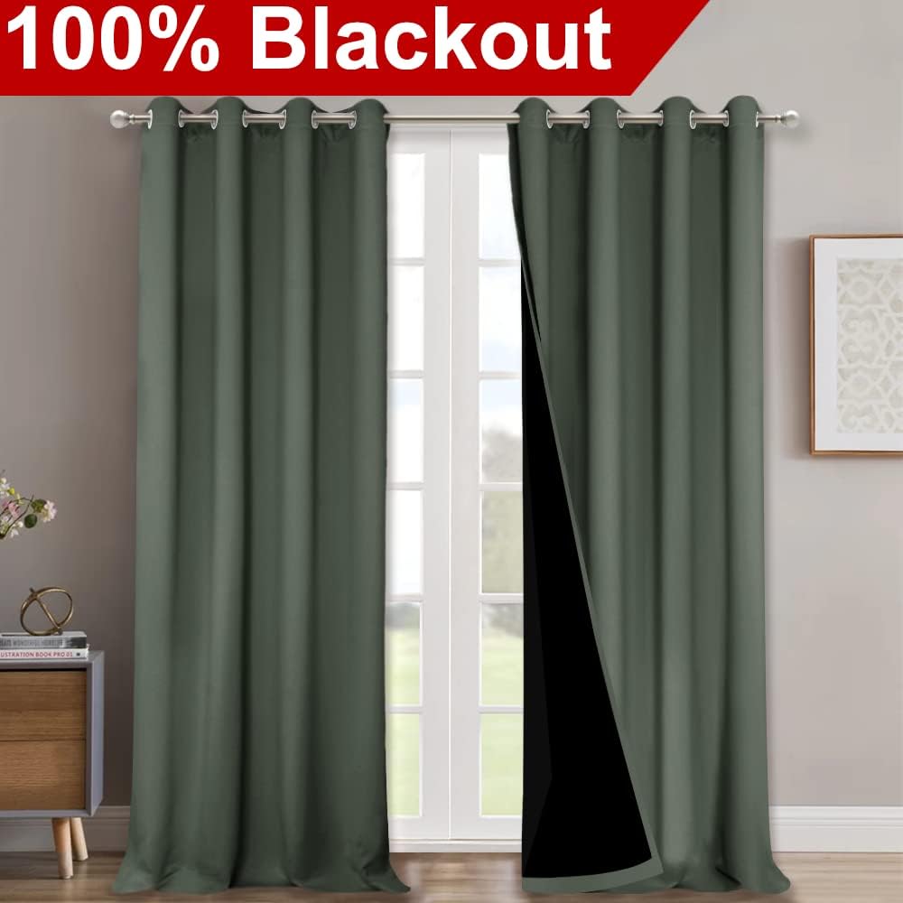 NICETOWN 100% Blackout Curtains 120" Long, Pair of Energy Smart & Noise Blocking Out Drapes for Baby Room Window, Thermal Insulated Guest Room Lined Window Dressing(Dark Mallard, 52" Wide)