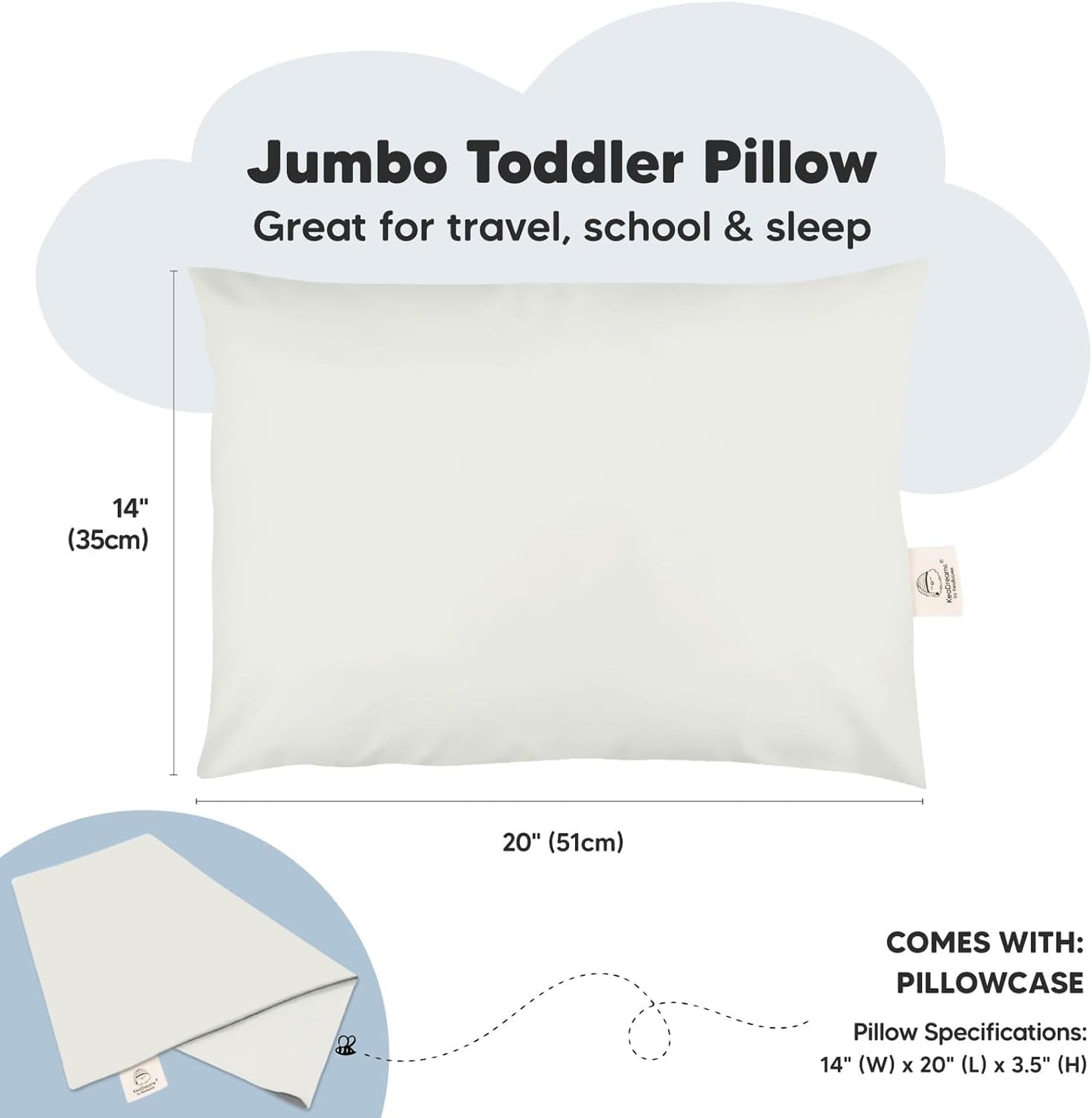 KeaBabies Toddler Pillow with Pillowcase, Jumbo 14X20 - Soft Organic Cotton Toddler Pillows for Sleeping - Machine Washable - Perfect for Travel, Toddler Bed Set (Pearl Gray)