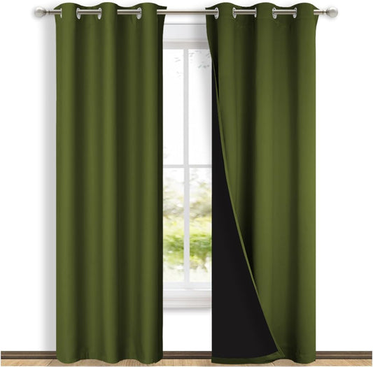 NICETOWN Blackout Curtains 80 inches Long, 2 Pieces, 42" Wide Each Panel, Olive Green, Full Light Blocking Drapes with Black Liner for Nursery, Thermal Insulated Draperies for Hall, Villa