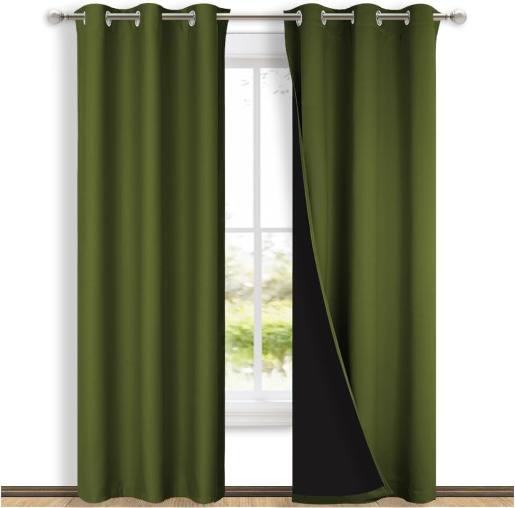 NICETOWN Olive Green Full Shade Curtain Panels, 37" Wide x 80" Long, Olive Green, Pair of Thermal Insulated & Energy Efficiency Blackout Drapes for Living Room, Lined Silky Performance Window Dressing