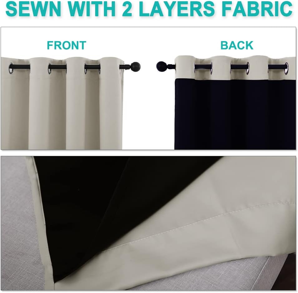 NICETOWN 100% Blackout Window Curtain Panels, Cold and Full Light Blocking Drapes with Black Liner for Nursery, 84 inches Drop Thermal Insulated Draperies (Natural, 2 PCs, 62" Wide Each Panel)