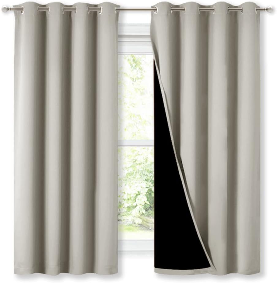 NICETOWN Natural 100% Blackout Lined Curtains, 2 Thick Layers Completely Blackout Window Treatment Thermal Insulated Drapes for Kitchen/Bedroom (1 Pair, 52 inches Width x 63 inches Length Each Panel)