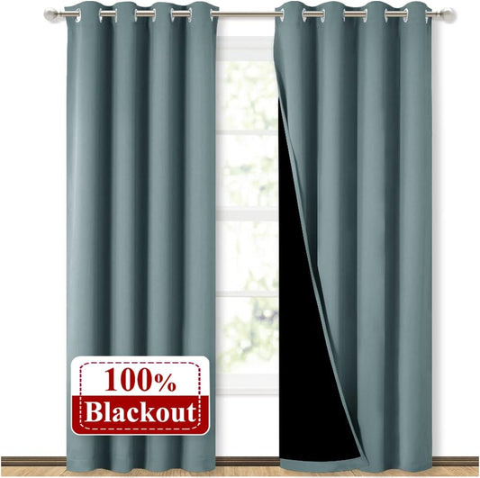 NICETOWN 100% Blackout Curtains 84 inches Long, Pair of Energy Smart & Noise Blocking Out Drapes for Baby Room Window, Thermal Insulated Guest Room Lined Window Dressing(Greyish Blue, 52 inches Wide)
