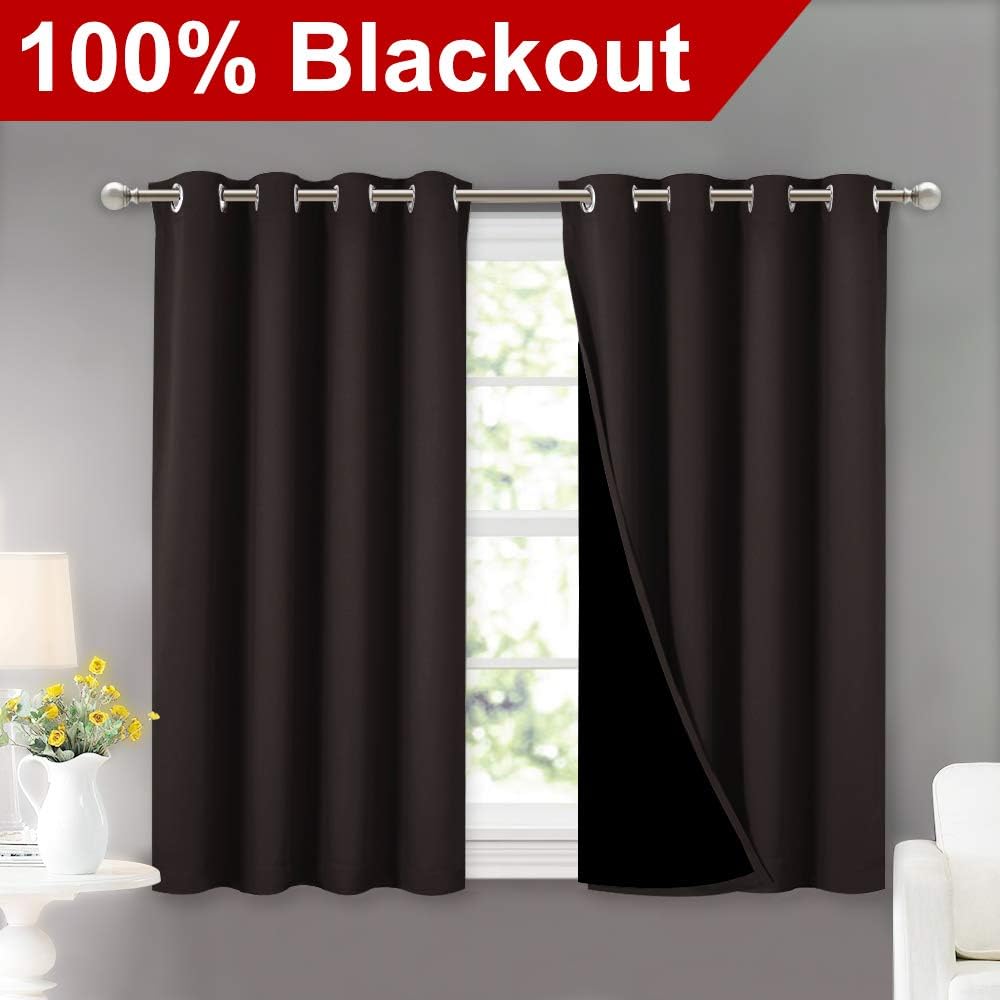 NICETOWN 100% Blackout Curtains 45 inches Length, 2 Thick Layers Completely Blackout Window Treatment Thermal Insulated Lined Drapes for Basement Window (Brown, 1 Pair, 52 inches Width Each Panel)