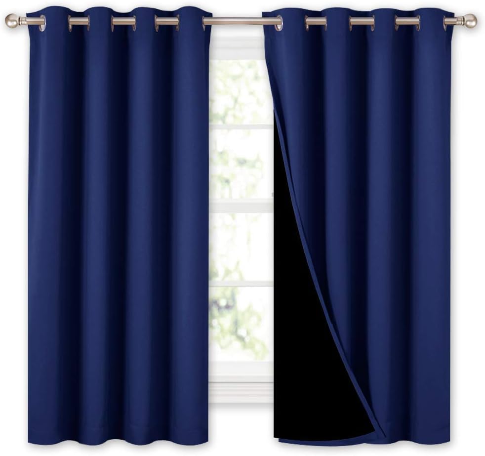 NICETOWN 100% Blackout Curtains with Black Liners, Thermal Insulated 2-Layer Lined Drapes, Energy Efficiency Small Window Draperies for Dining Room (Royal Blue, 2 Panels, 52 inches W by 54 inches L)