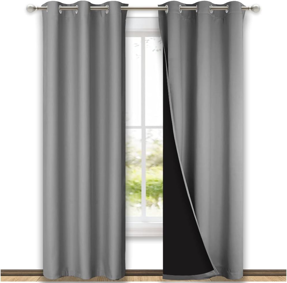 NICETOWN Silver Grey Full Shade Curtain Panels, Pair of Thermal Insulated & Energy Efficiency Blackout Curtains for Living Room Windows, Lined Silky Performance Window Dressing (42" Wide x 84" Long)