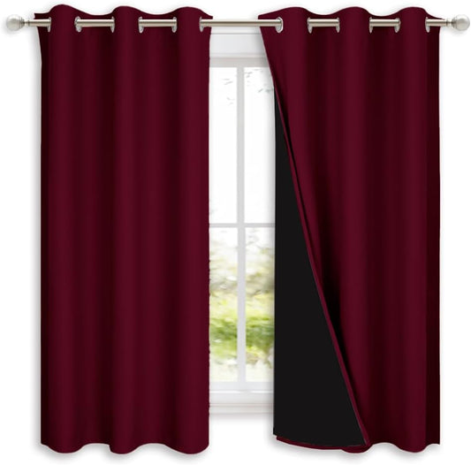 NICETOWN 100% Blackout Short Curtains with Black Liners, 2 Panels, 37" W by 60" L, Wine Red, Solid Thermal Insulated Full Blackout 2-Layer Lined Drapes, Energy Efficiency Window Draperies for Bedroom