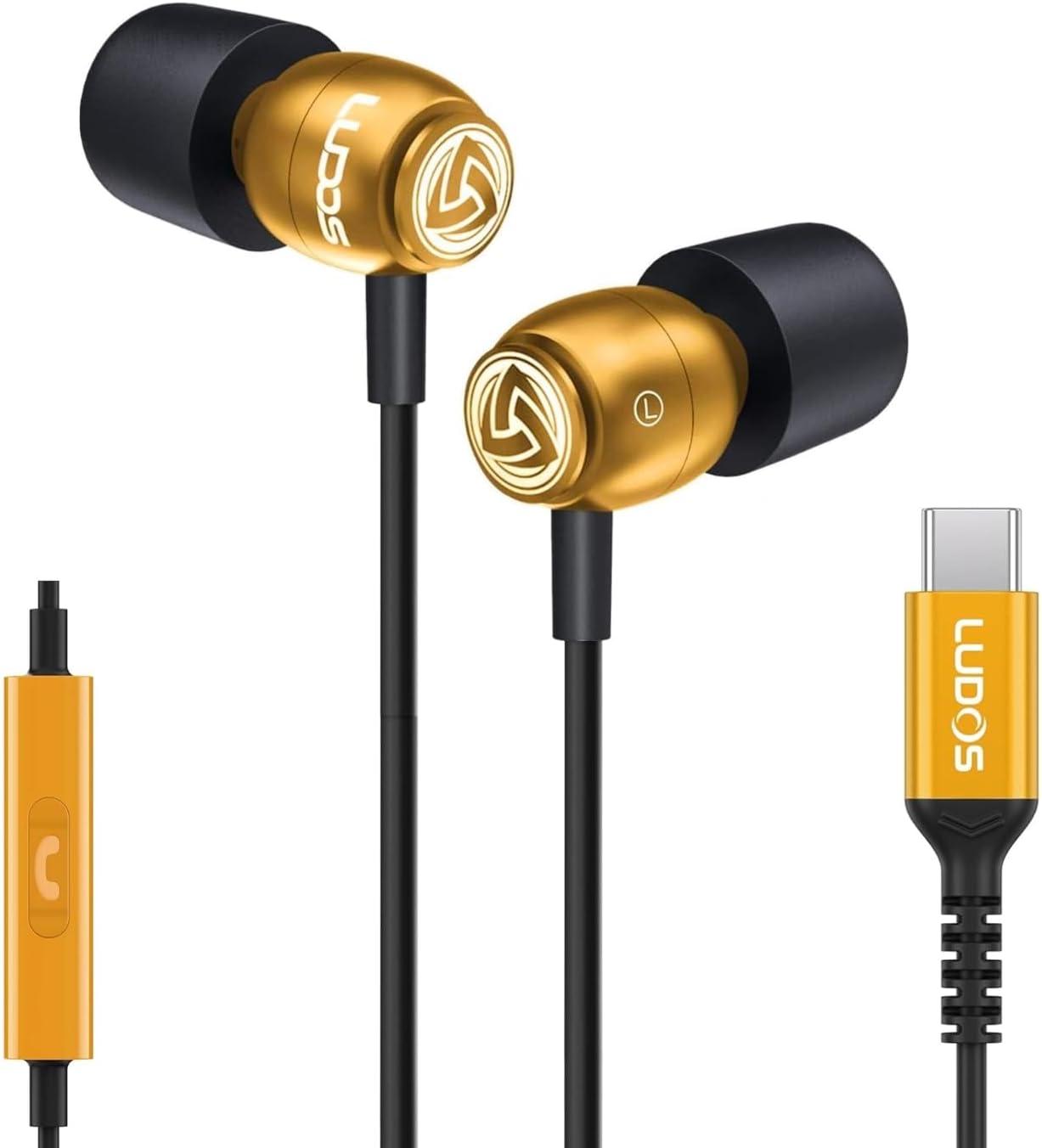 LUDOS Clamor USB C Headphones for iPhone 16 15 Pro Max Plus iPad Pro, 5 Years Warranty, USB-C Earbuds for Samsung Galaxy S24 S23 Ultra S22 S21 FE S20 A55 A54 A53, USB Type C Earphones - Gold