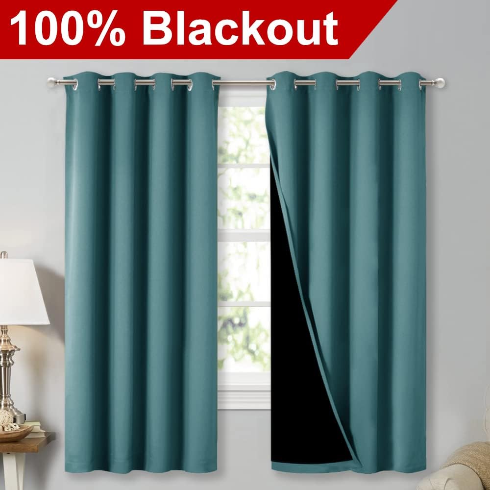 NICETOWN 100% Blackout Blinds, Set of 2, 46" x 45", Sea Teal, Laundry Room Decor Window Treatment Curtains for Large Patio Sliding Door, Thermal Insulated Curtains for Bedroom