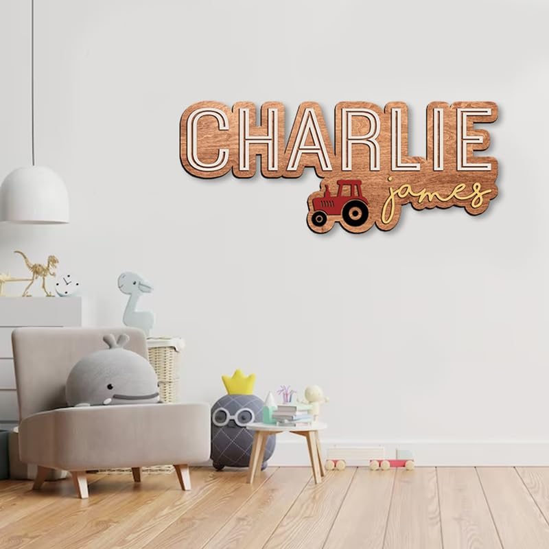 Personalized Wooden Nursery Name Sign, Baby Name sign for kids room decor, Tractor themed for boys girls, Baby shower, Door hanging gift/9