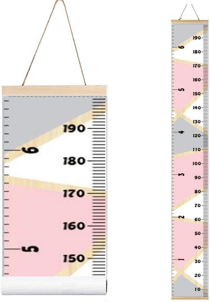 Kids Growth Chart, Wood Frame Fabric Canvas Height Measurement Ruler from Baby to Adult for Child's Room Decoration 7.9 x 79in (7.9 x 79in, Pink & Grey)