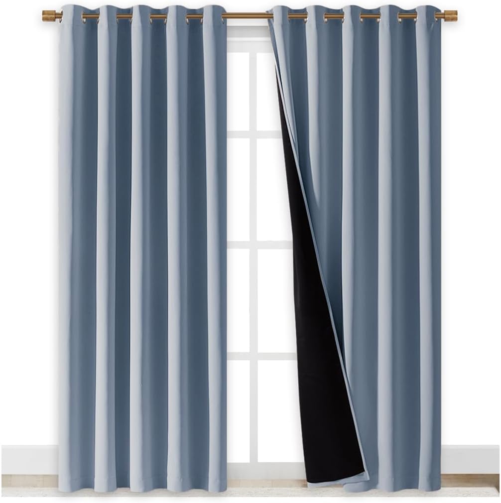 NICETOWN 100% Blackout Window Curtain Panels, Vintage Blue, 2 Pieces, 70" Wide Each Panel, Cold and Full Light Blocking Drapes with Black Liner for Nursery, 84" Drop Thermal Insulated Draperies