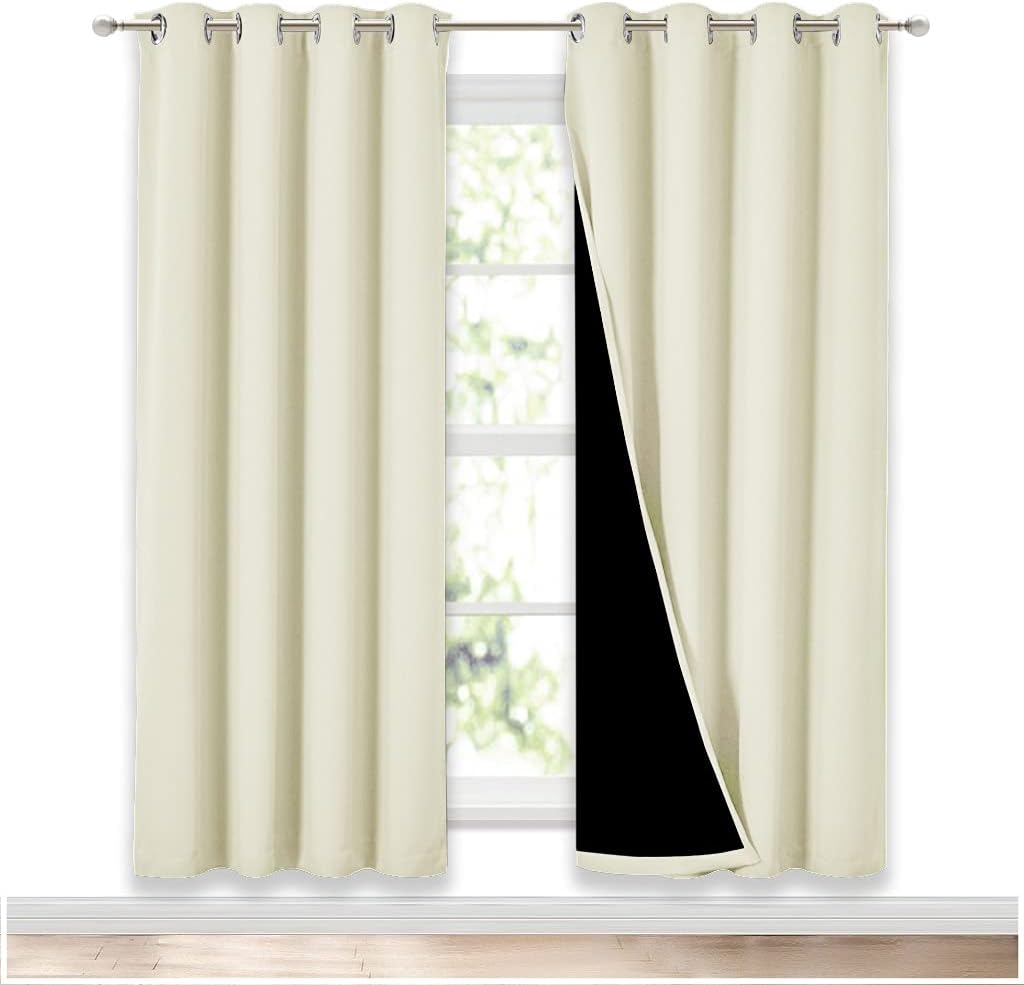 NICETOWN Living Room Completely Shaded Draperies, Privacy Protection & Noise Reducing Ring Top Drapes, Black Lined Insulated Window Treatment Curtain Panels (Beige, 2 Pieces, W52 x L72)