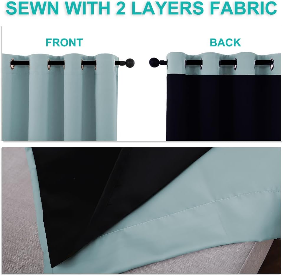 NICETOWN 100% Blackout Lined Curtains, Sky Blue, 1 Pair, 42" Width x 63" Length Each Panel, 2 Thick Layers Completely Blackout Window Treatment Panels Thermal Insulated Drapes for Kitchen