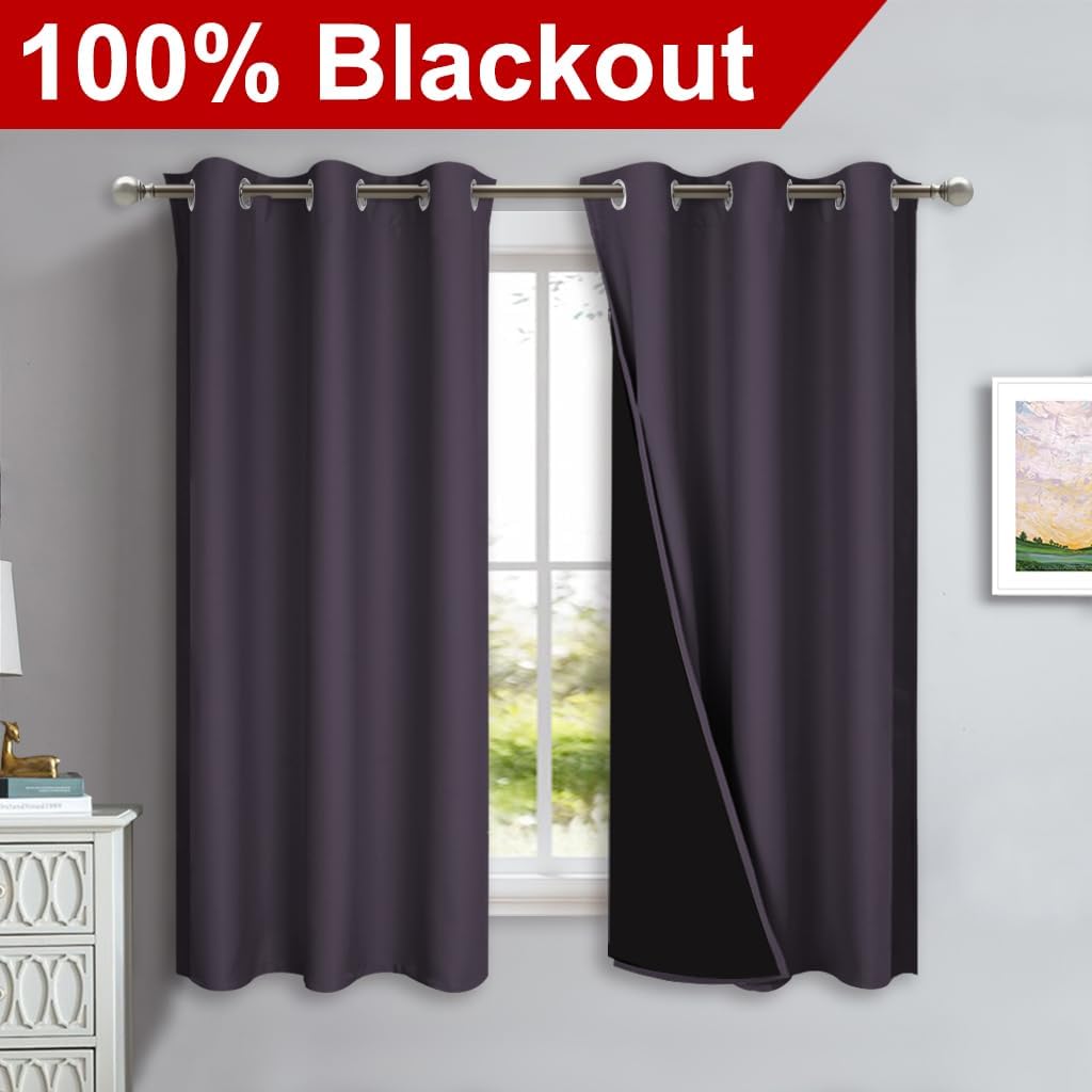 NICETOWN 100% Blackout Short Curtains with Black Liners, 2 Panels, 37" W by 50" L, Greyish Purple, Thermal Insulated Full Blackout 2-Layer Lined Drapes, Energy Efficiency Window Drapes for Bedroom