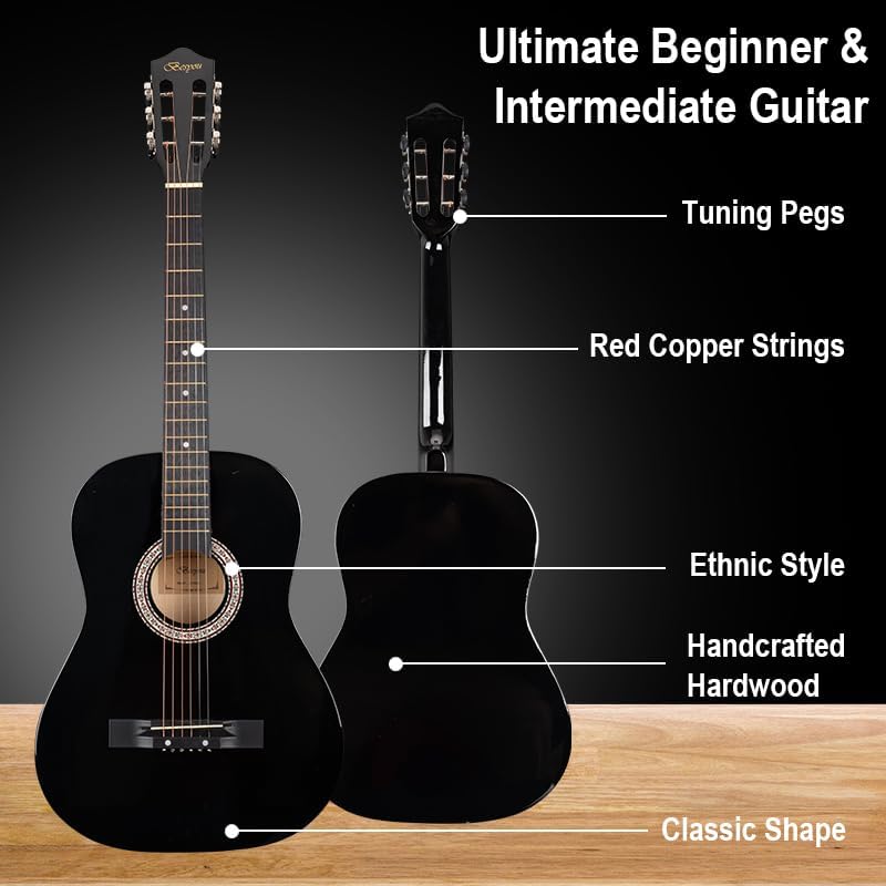 38in Beginner Guitar Acoustic Guitar Basic Starter Kit Tuner Capo Strings Winders Strap Picks Student Kids Adults Guitar Pickguard with Gig Bag