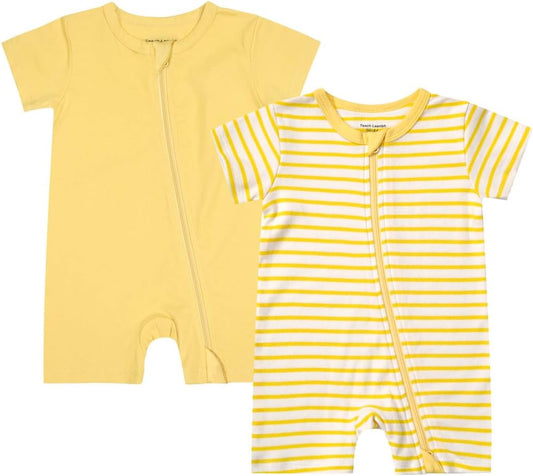 Teach Leanbh Unisex Baby 2 Pack Pajamas Cotton Short Sleeve 2 Way Zipper Stripe Soild Romper Jumpsuit Sleep and Play