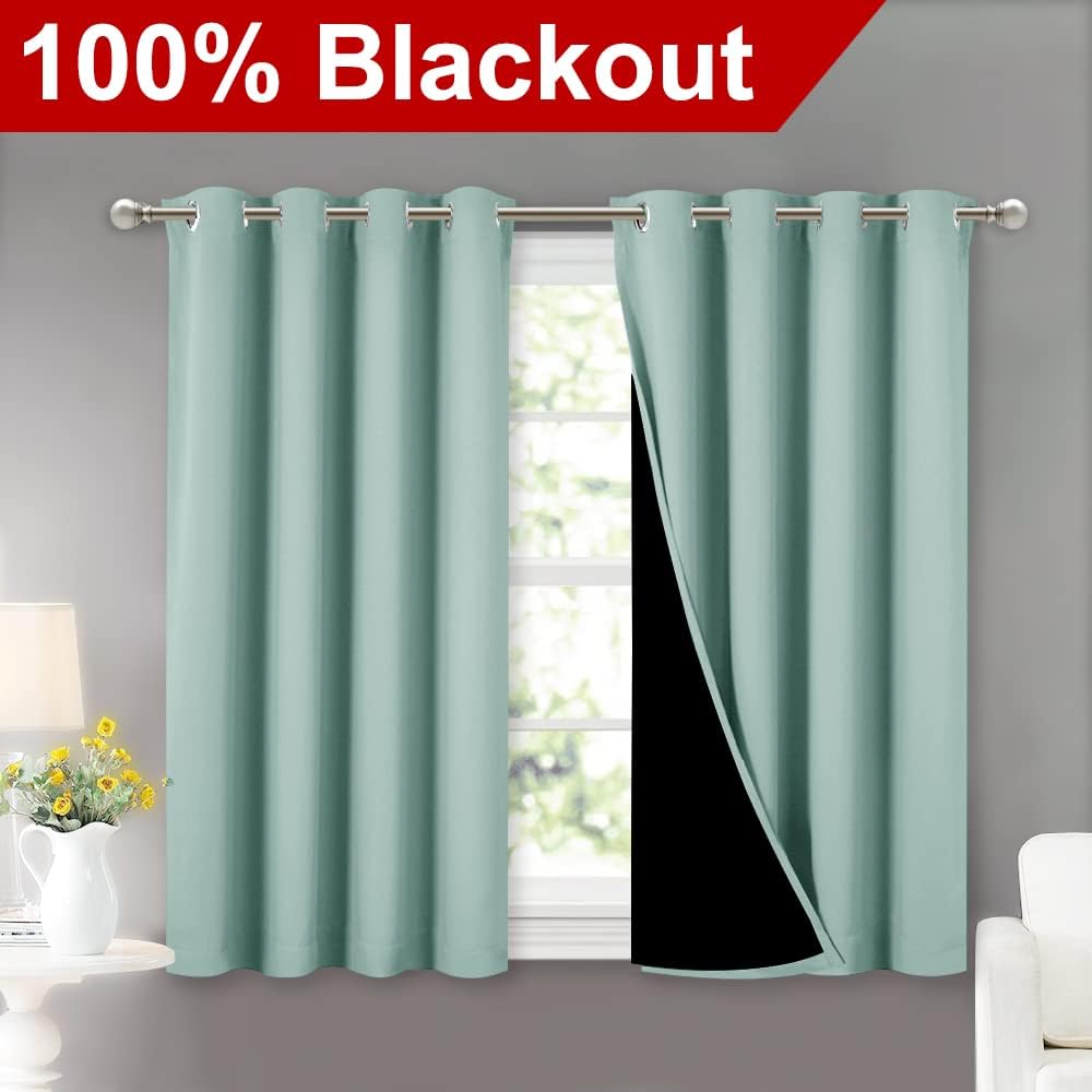 NICETOWN Aqua Blue 100% Blackout Curtains 45 inches Long, 2 Thick Layers Completely Blackout Window Treatment Thermal Insulated Lined Drapes for Small Window (1 Pair, 52 inches Width Each Panel)