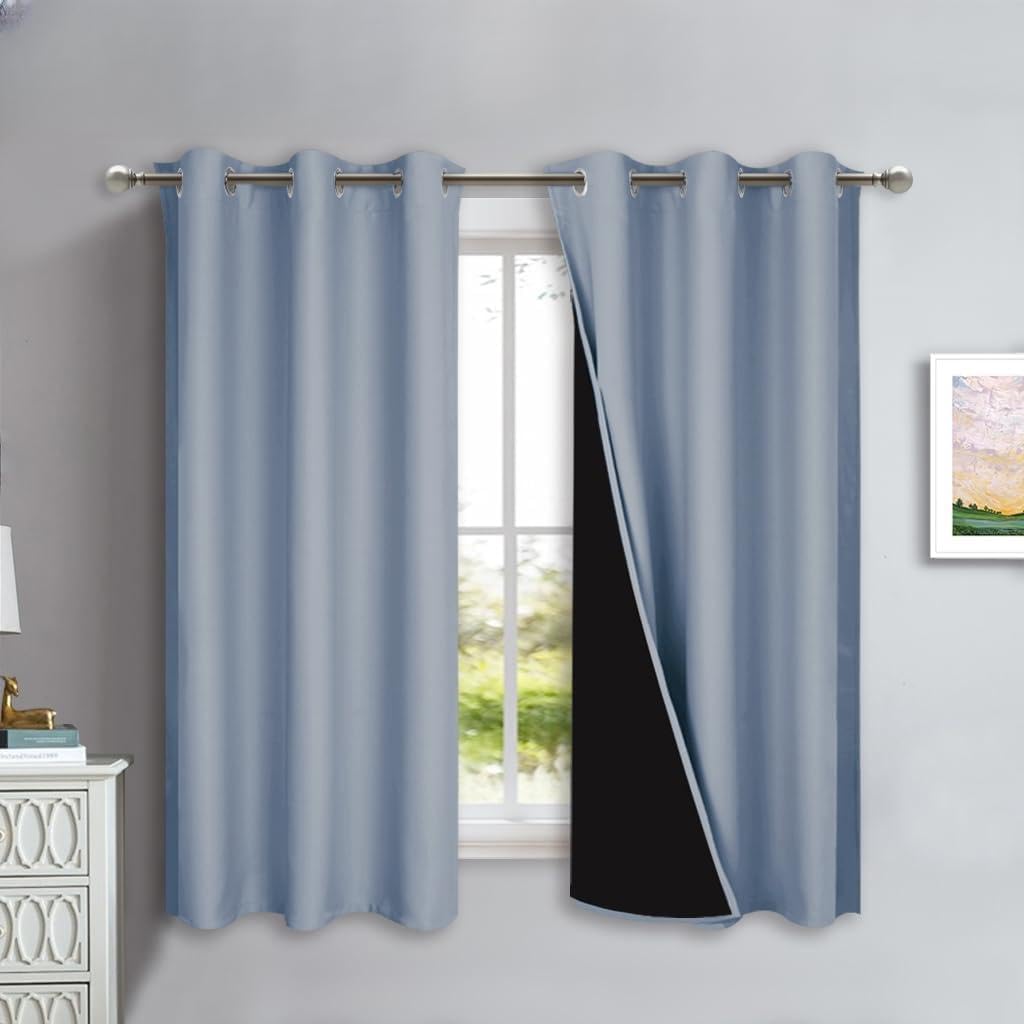 NICETOWN 100% Blackout Lined Curtains, Vintage Blue, 1 Pair, 42" Width x 63" Length Each Panel, 2 Thick Layers Completely Blackout Window Treatment Panels Thermal Insulated Drapes for Kitchen